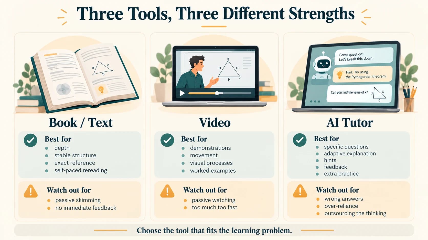 Comparison of books, videos and AI tutors showing what each learning medium is best at and its main limitations.