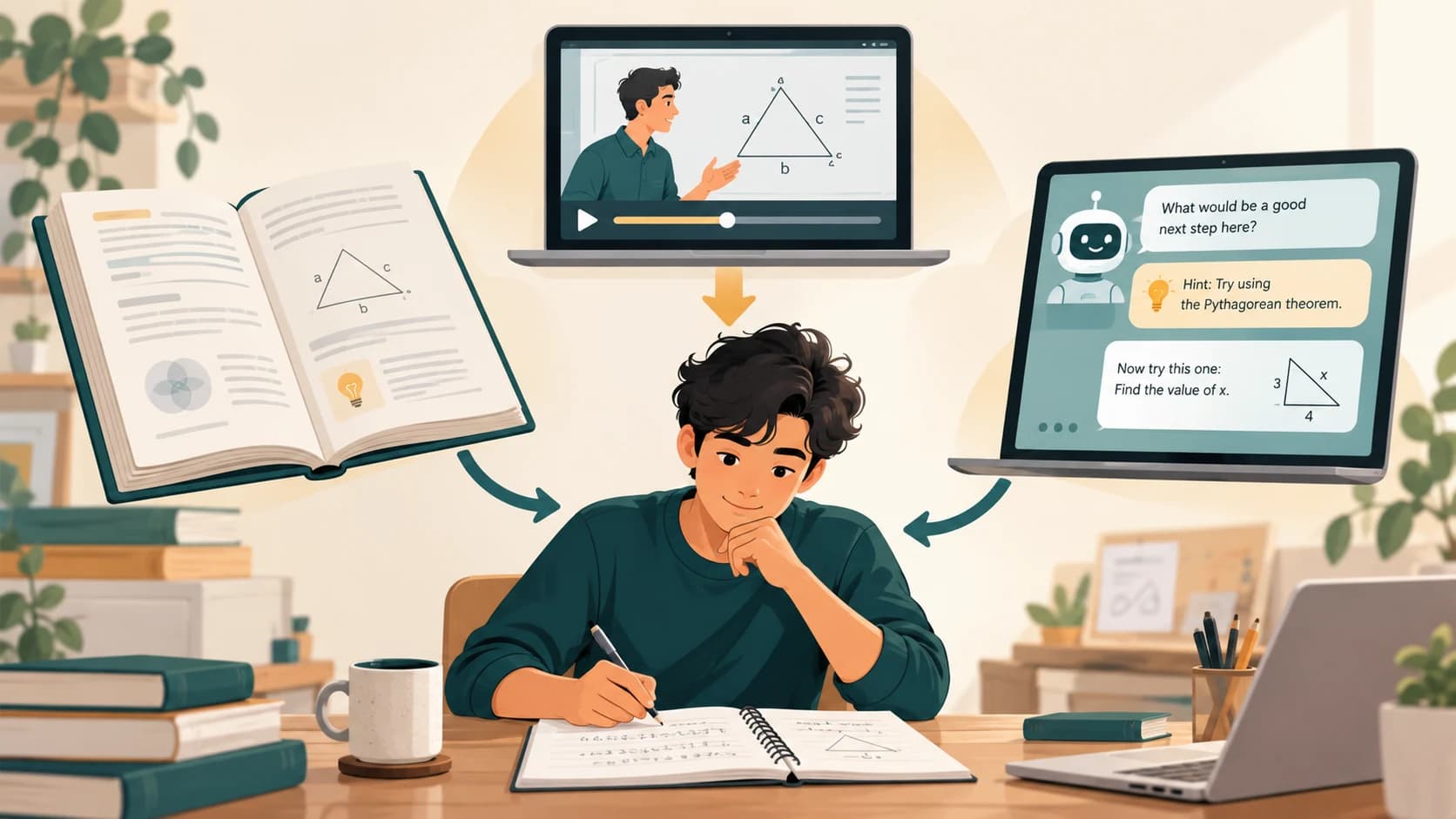 Illustration showing a student using a book, instructional video and AI tutor before solving a problem independently.
