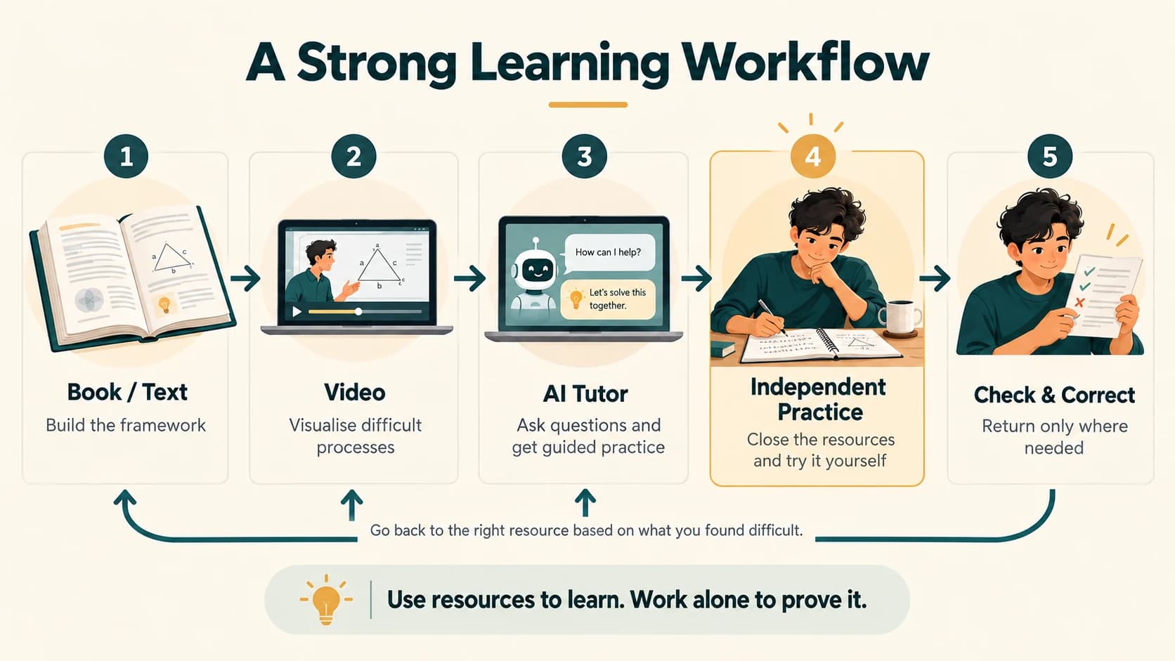 Learning workflow using structured text, video and AI tutoring followed by independent retrieval and correction.