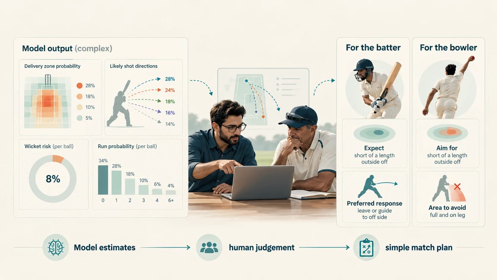 Cricket AI analytics being interpreted by a coach and converted into simple tactical advice for a batter and bowler