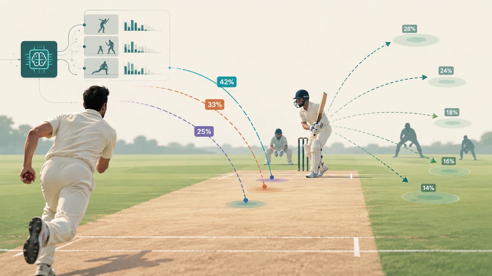 AI analysing a cricket batter and bowler while displaying several possible next deliveries and shot outcomes with different probabilities