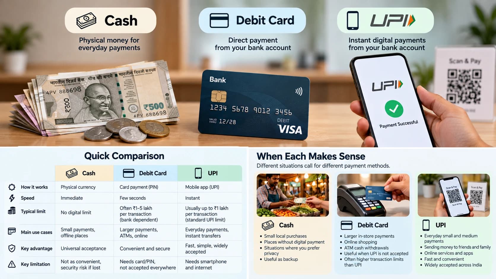 Illustration comparing cash, debit card and UPI as payment options for different everyday situations.