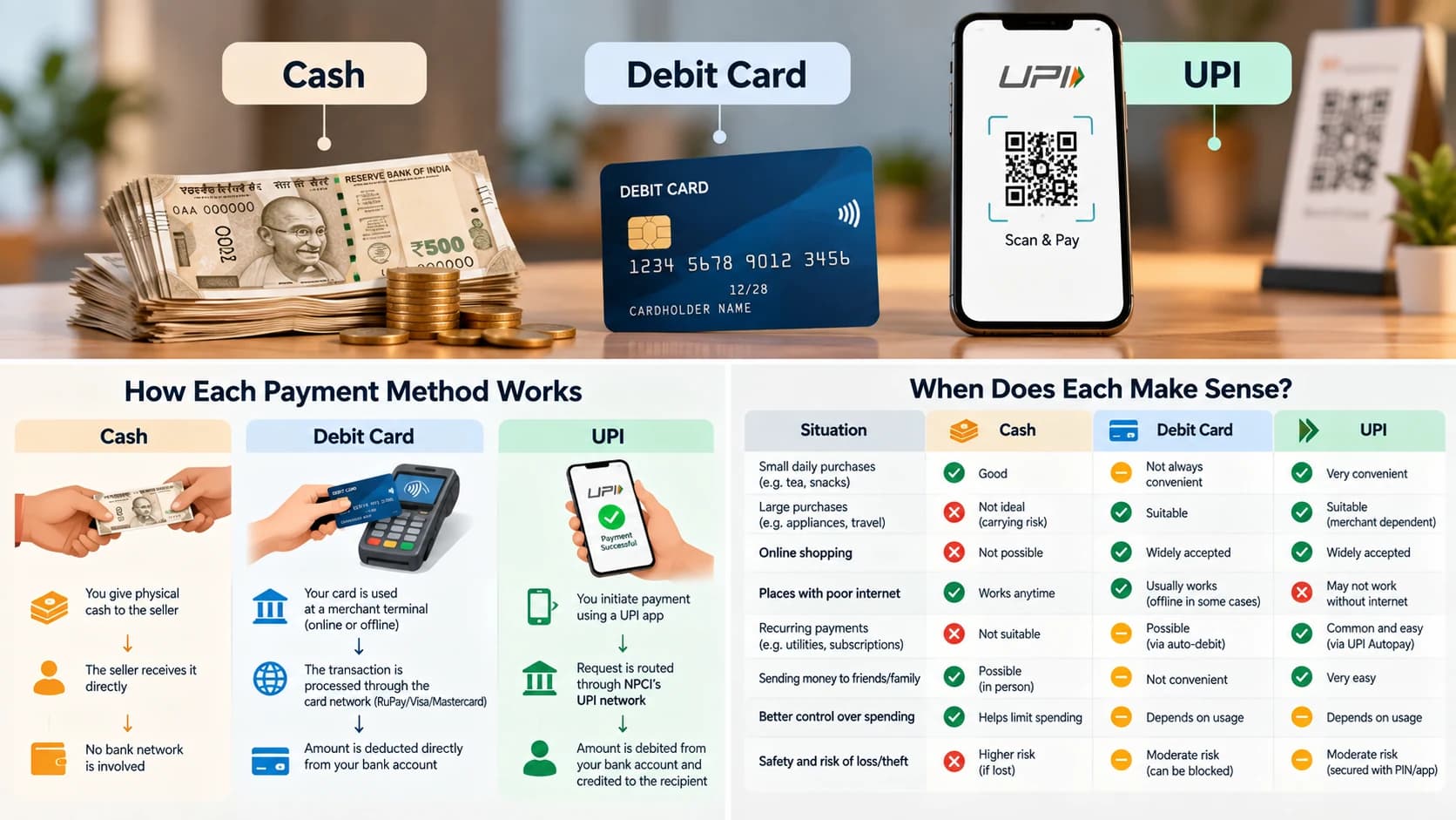 Diagram comparing the transaction path of cash, debit-card and UPI payments.