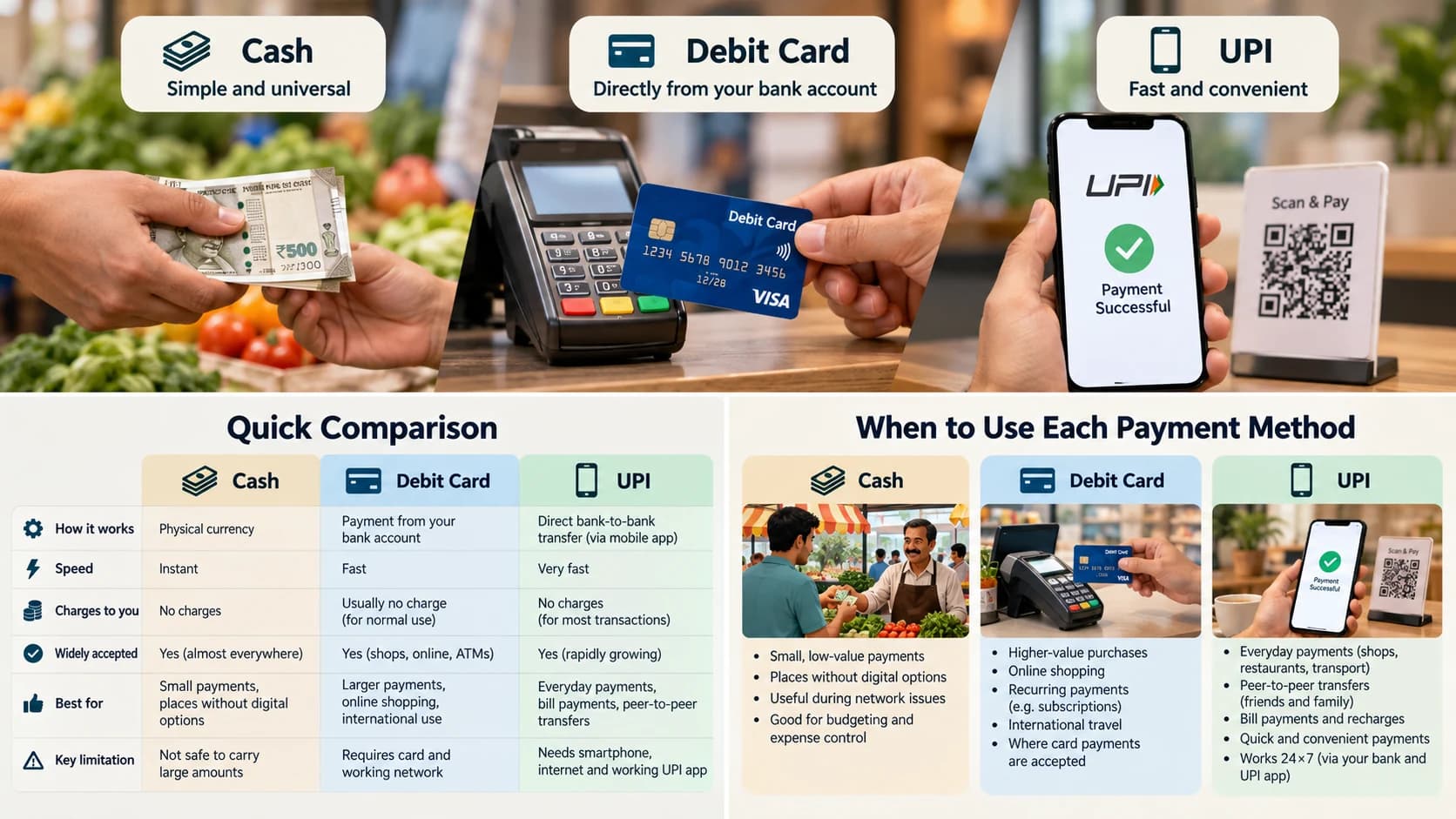 Decision tree showing when cash, debit card or UPI may be the most practical payment method.
