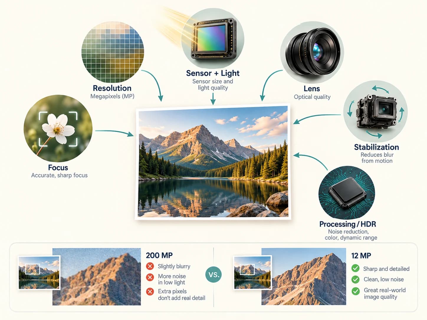 Camera image quality diagram showing resolution, sensor, lens, focus, stabilization and processing contributing to the final photo