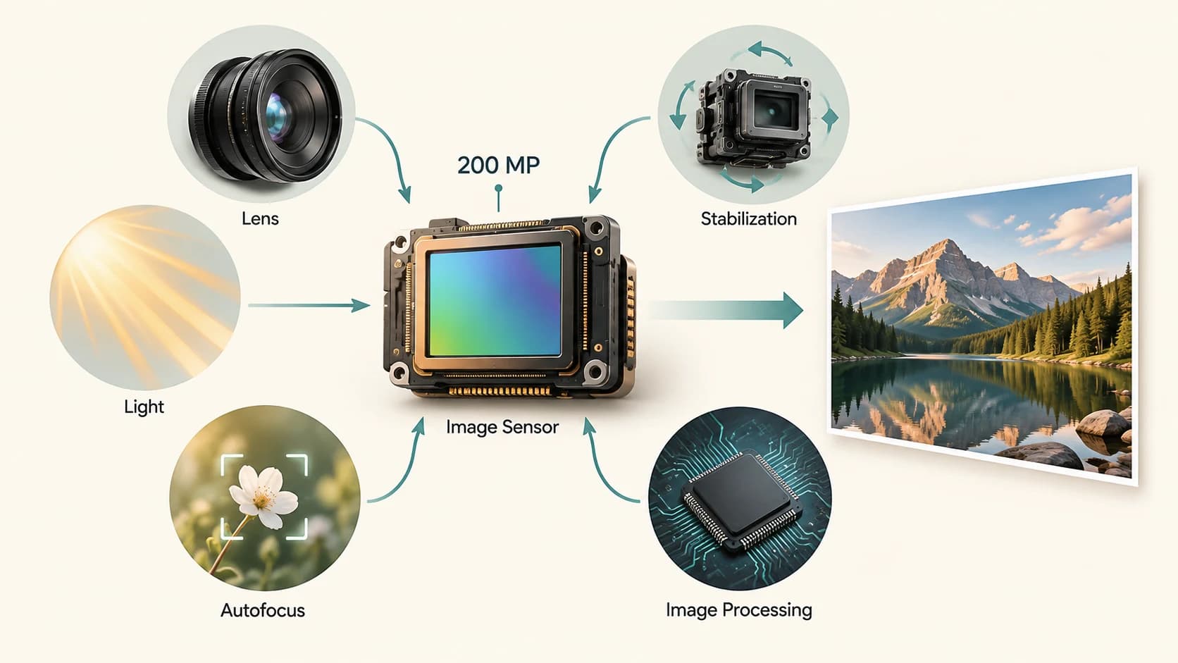 Smartphone camera showing megapixels alongside lens, light, autofocus, stabilization and image processing