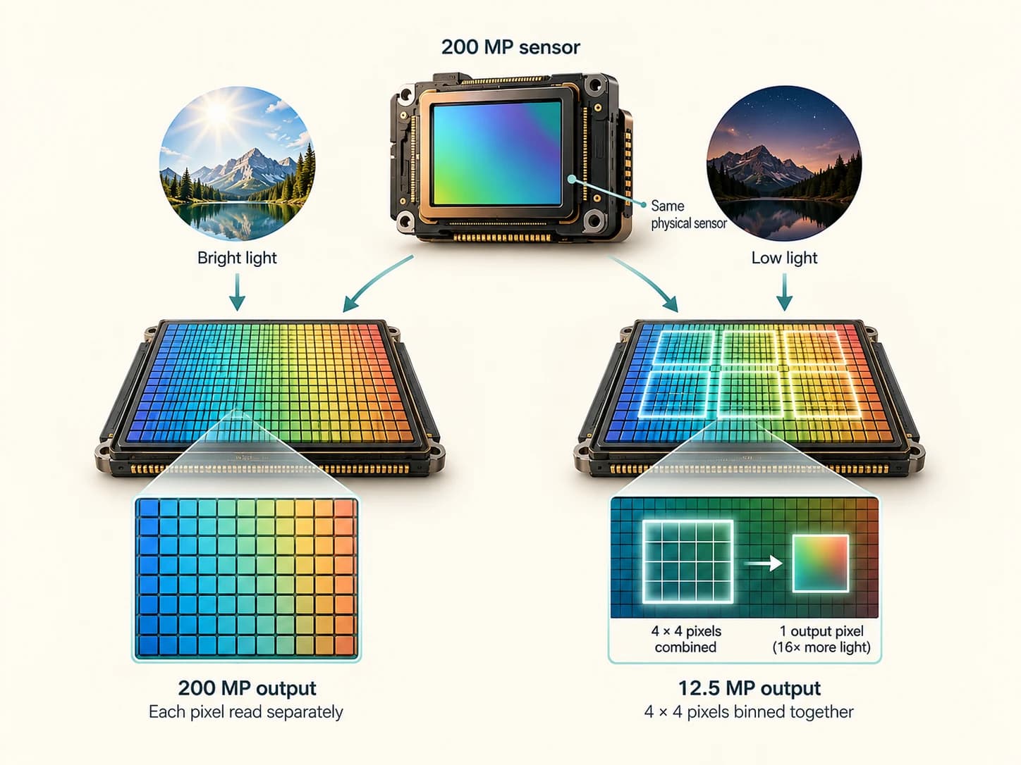 High-resolution smartphone sensor using individual pixels in bright light and grouping sixteen pixels through pixel binning for lower-resolution output