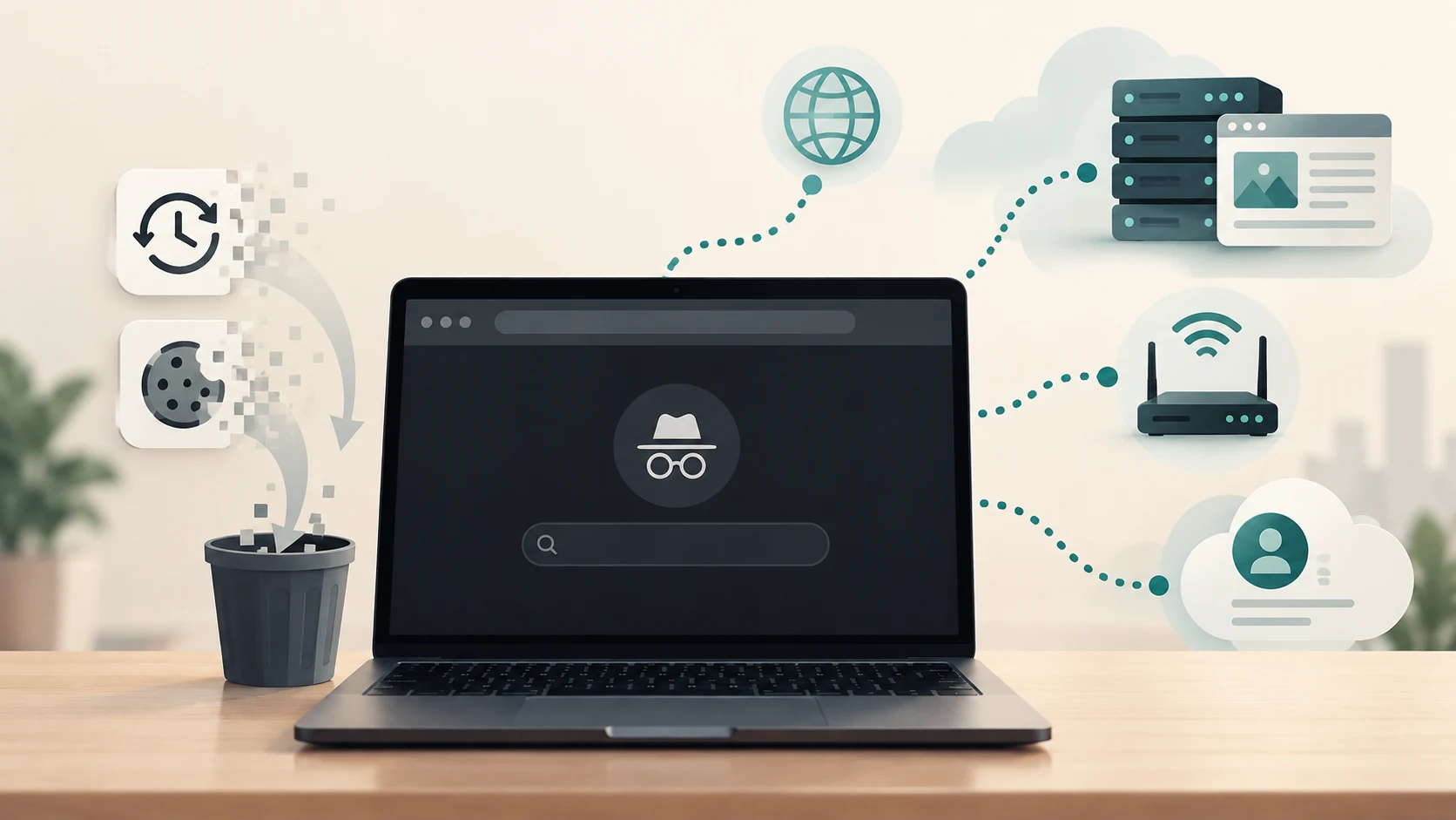 Private browsing clearing local history and cookies while websites and network systems remain connected