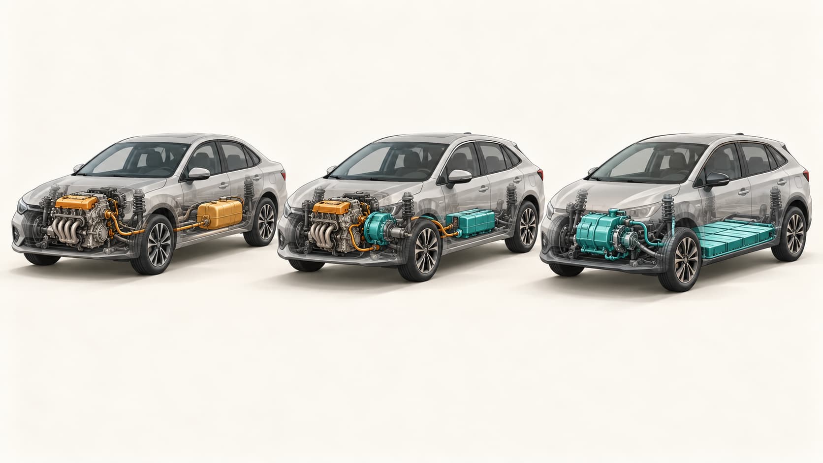 Petrol, hybrid and electric cars shown with their different engine, motor and battery systems