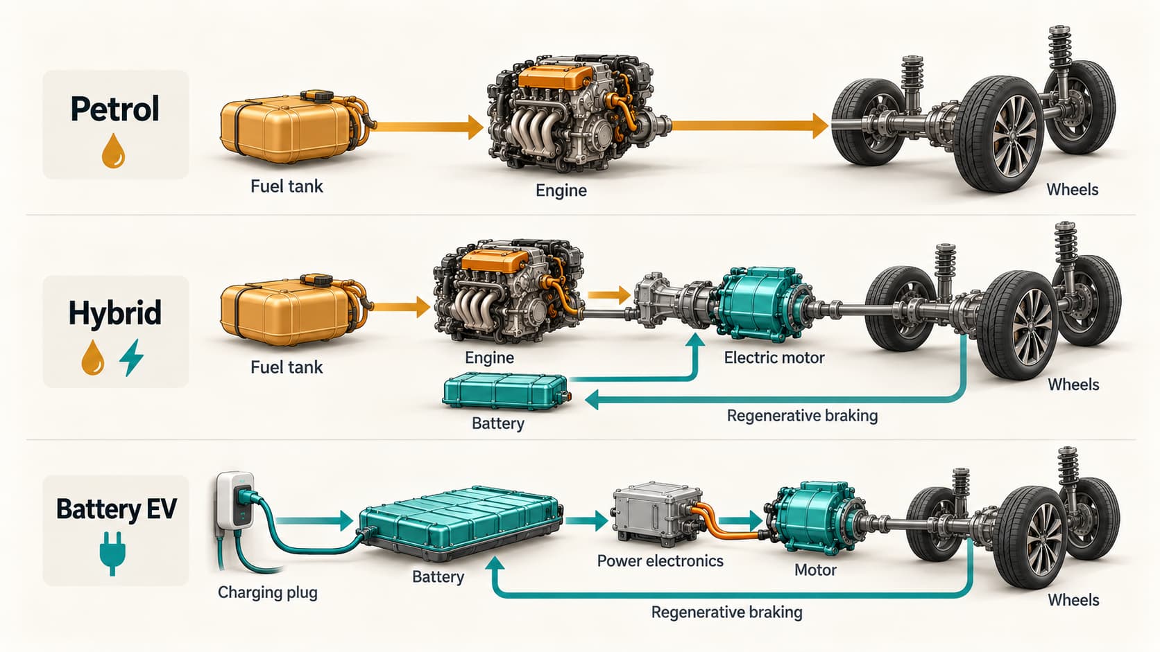 Diagram comparing energy flow in petrol, hybrid and battery-electric cars