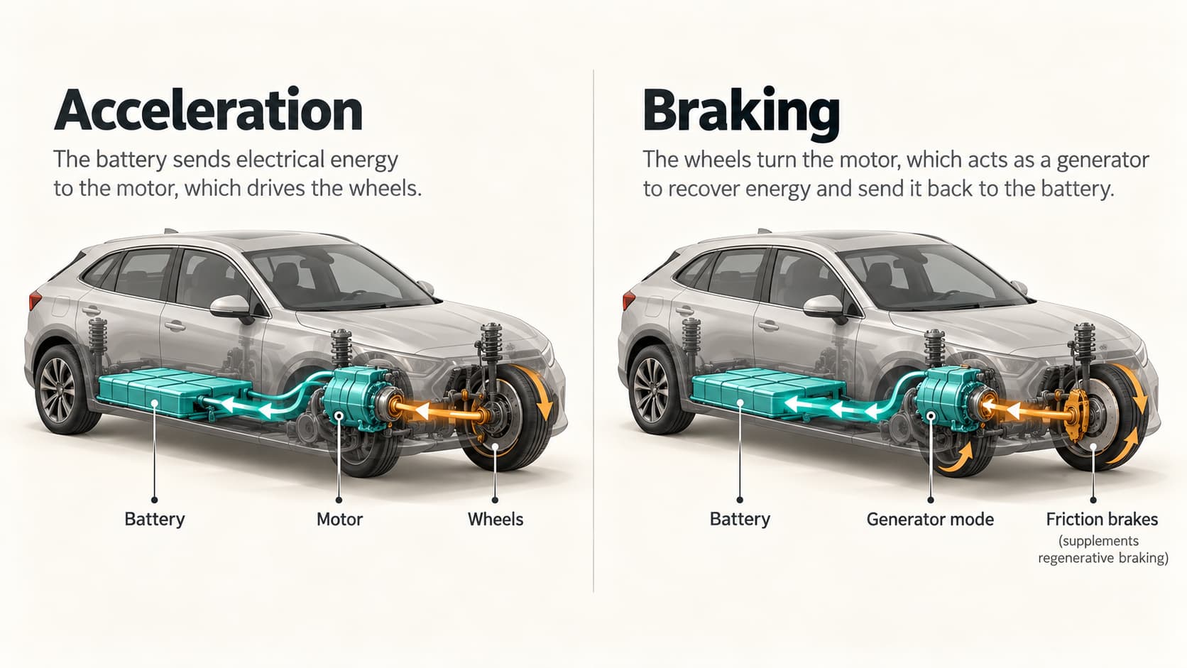 Regenerative braking diagram showing energy returning from the wheels to an electric-car battery