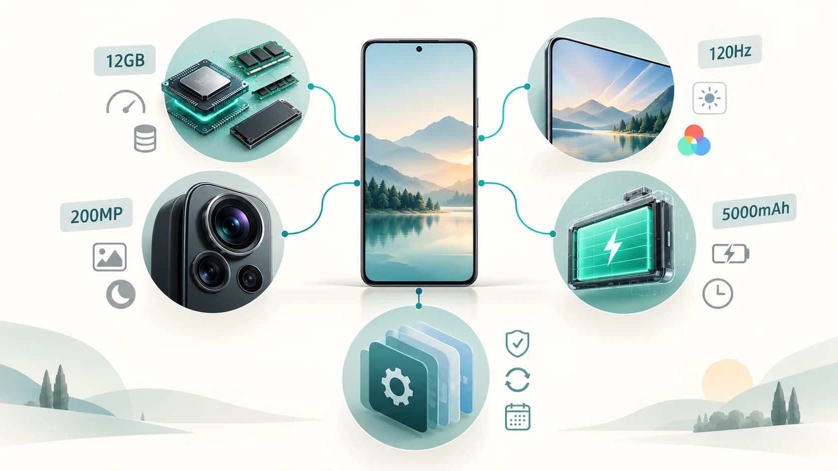 Smartphone surrounded by processor, display, camera, battery and software support factors alongside common specification numbers