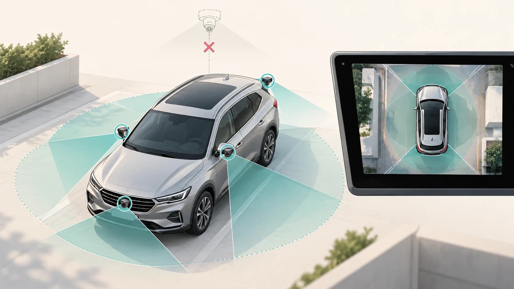 Four wide-angle cameras around a car combining their views to create a virtual top-down 360-degree parking image