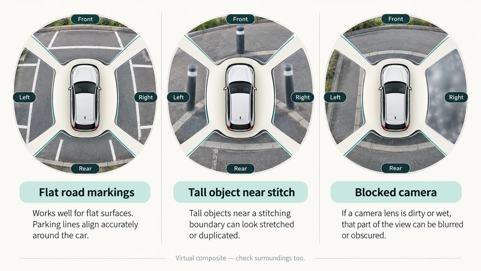 Surround-view camera limitations showing accurate road markings, stitching distortion around a tall object and an obscured area from a dirty camera