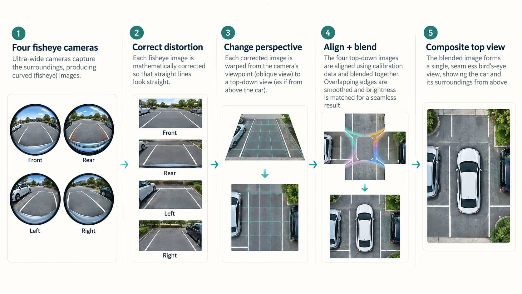 Process diagram showing fisheye camera images being corrected, transformed, aligned and stitched into a top-down surround view
