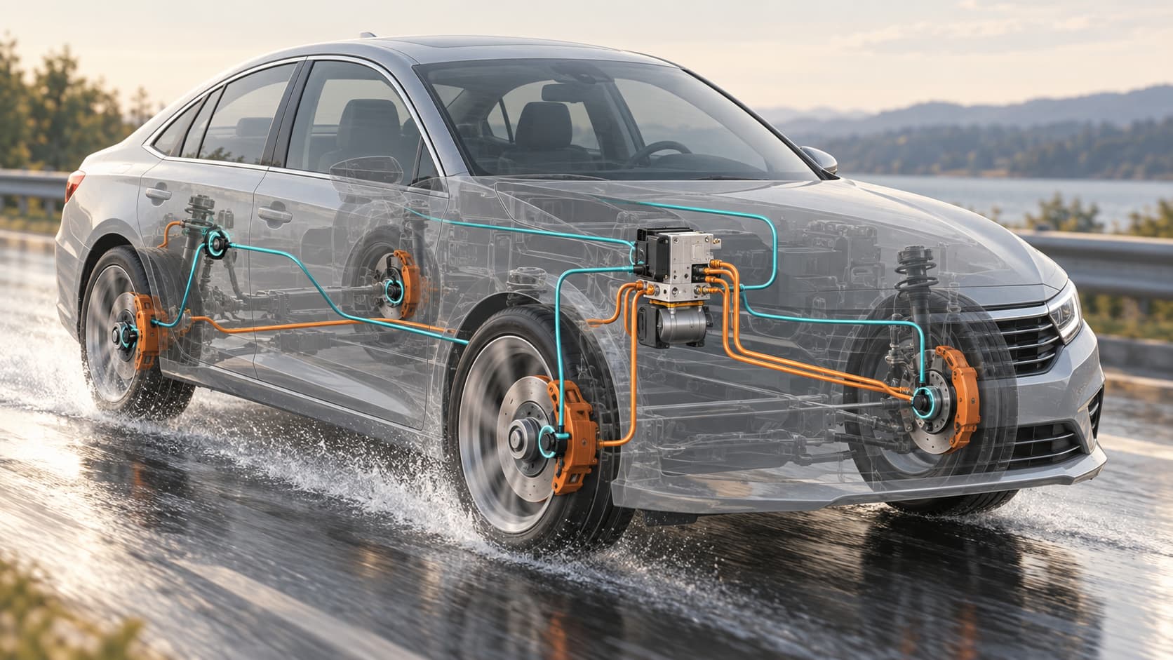 Modern car braking with wheel-speed sensors and ABS hydraulic control system highlighted