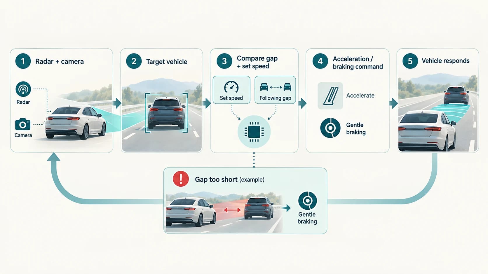Adaptive cruise control feedback loop measuring a lead car, comparing the following gap and commanding acceleration or braking