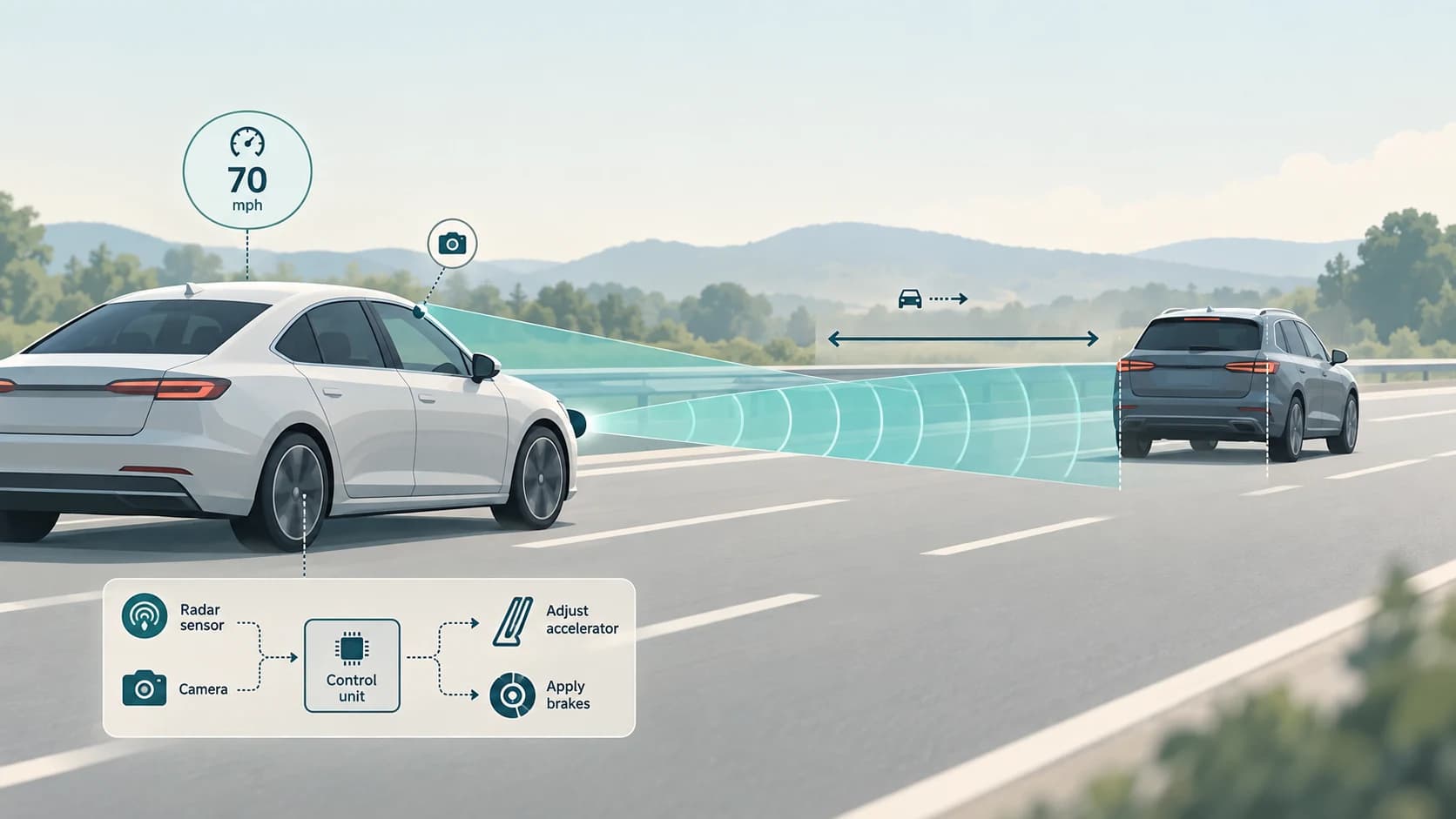 Adaptive cruise control using front radar and camera to measure the distance and relative speed of a vehicle ahead