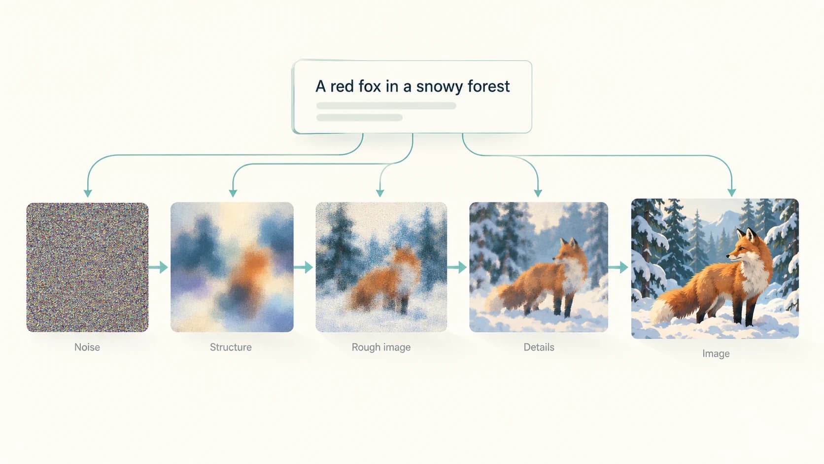 Simplified diffusion image-generation sequence progressing from random noise to a detailed image guided by a text prompt
