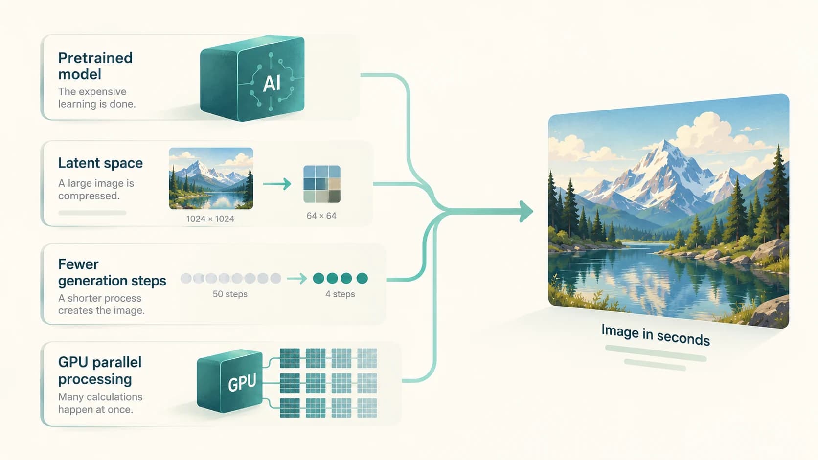 Diagram showing pretrained models, latent-space processing, fewer generation steps and GPU parallelism enabling fast AI image generation
