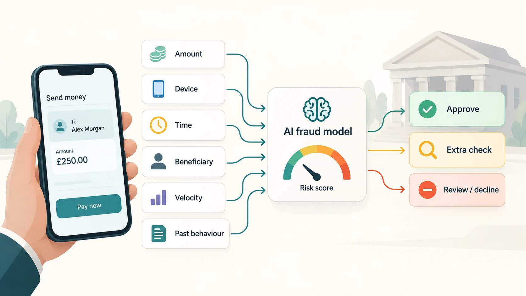 AI fraud model analysing transaction amount, device, beneficiary, timing and customer behaviour to produce a banking risk score