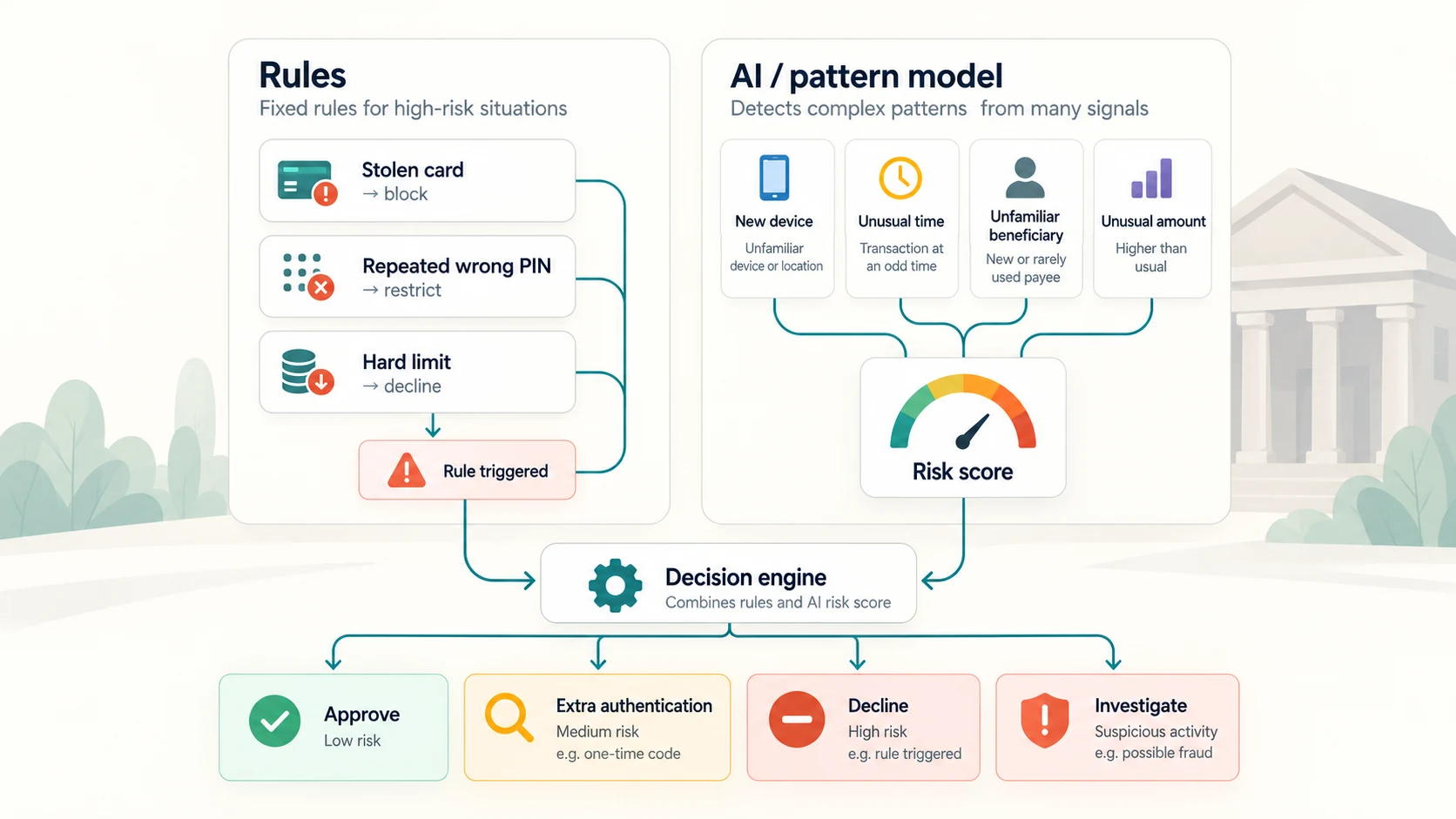 Banking fraud system combining fixed security rules with an AI risk model before deciding whether to approve or challenge a payment
