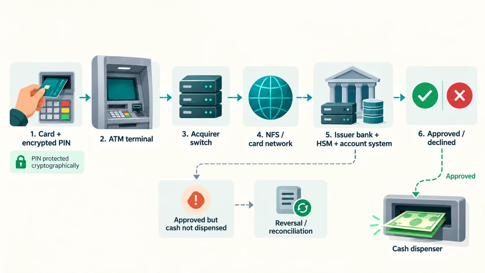 ATM system layers showing encrypted PIN capture, acquiring switch, card network, issuer authorization, cash dispensing and failed-transaction reversal