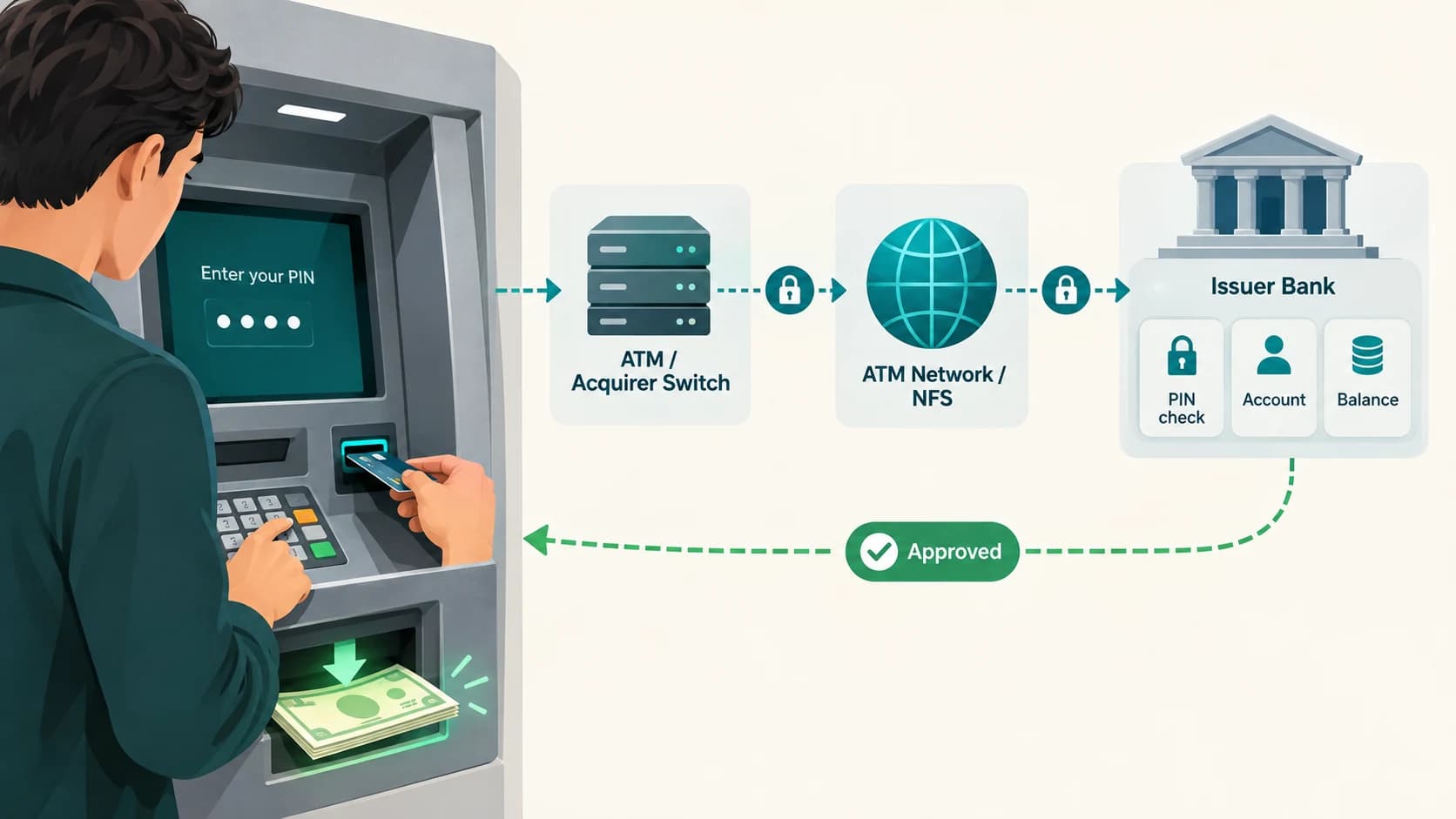 ATM sending a secure withdrawal request through an ATM network to the customer's bank and receiving approval before dispensing cash