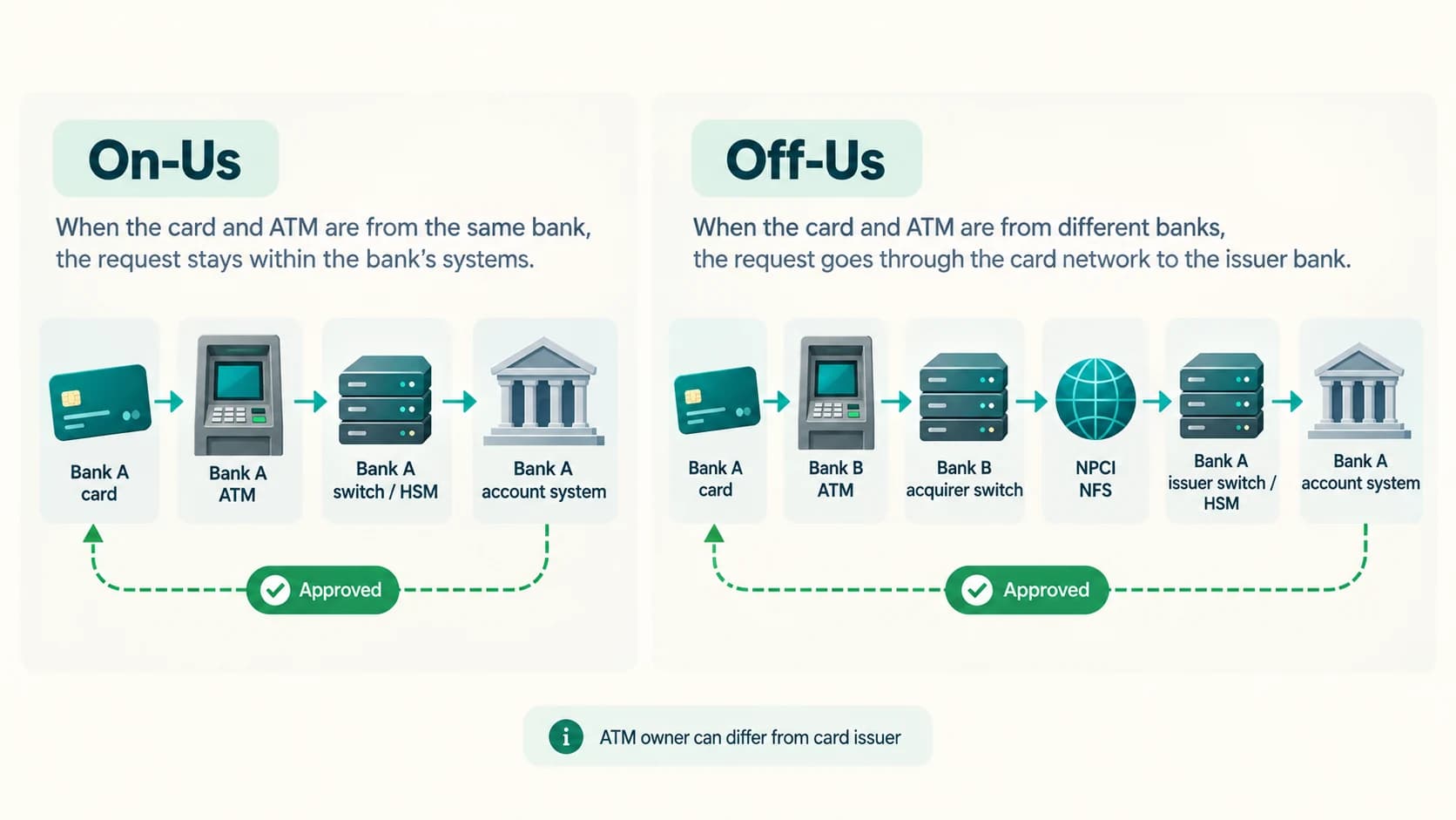 Comparison of on-us ATM withdrawal within one bank and off-us withdrawal routed from another bank's ATM through NFS to the card issuer