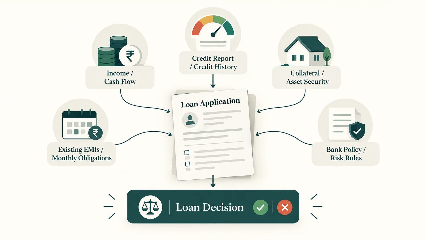 Illustration showing income, existing EMIs, credit history, collateral and bank policy feeding into a loan approval decision.