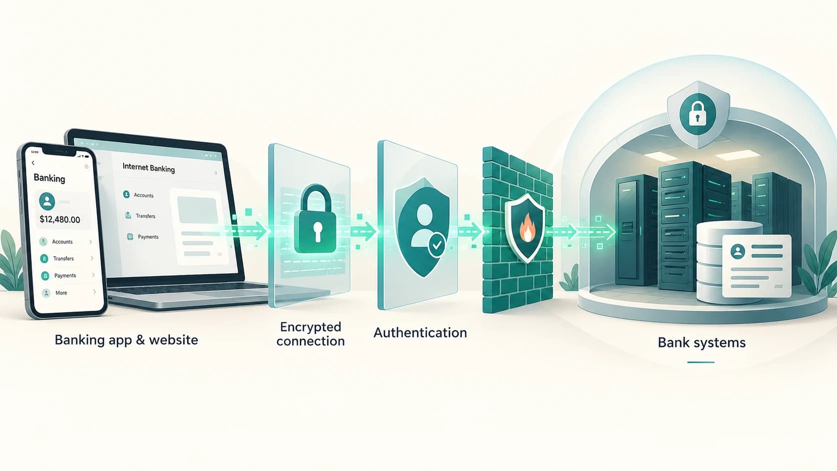 Banking app and website connecting through encryption, authentication and firewall layers to secure bank account systems