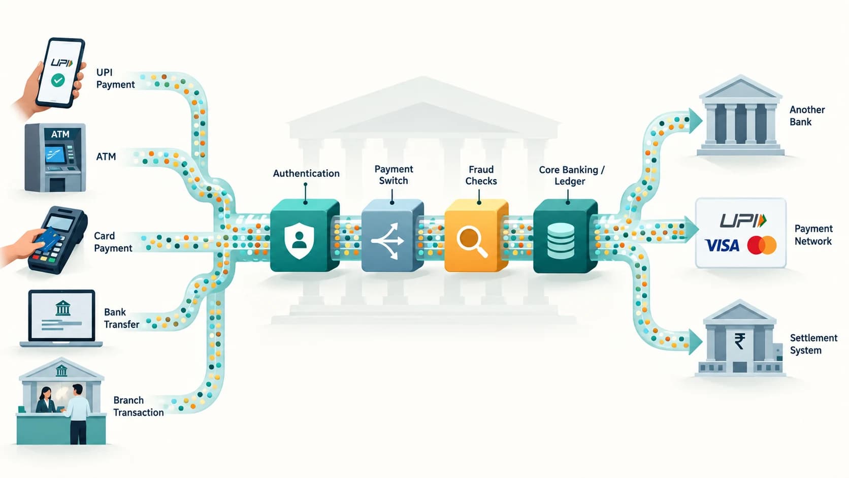 Mobile payments, ATM, card and bank transfers flowing through authentication, payment switches, fraud checks and core banking systems