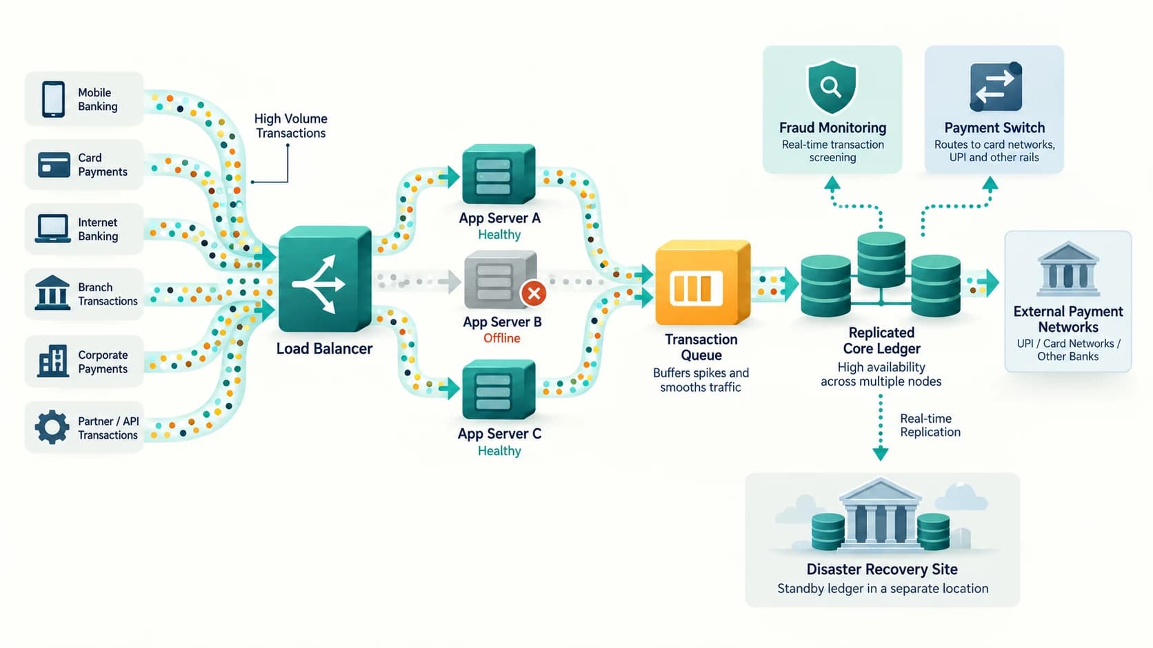 Banking architecture using load balancing, multiple servers, queues, replicated databases and disaster recovery to process high transaction volumes