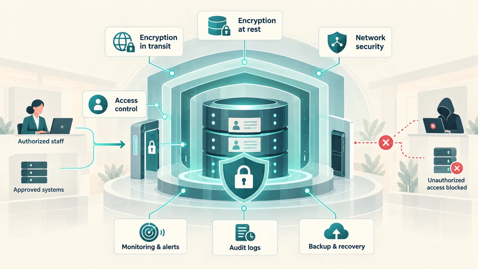 Bank employees receiving different role-based access to customer records through identity checks and least-privilege controls