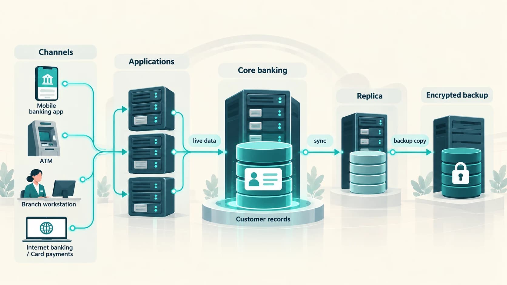 Bank customer-data protection using layered network security, restricted databases, encryption, monitoring, backups and a disaster-recovery site