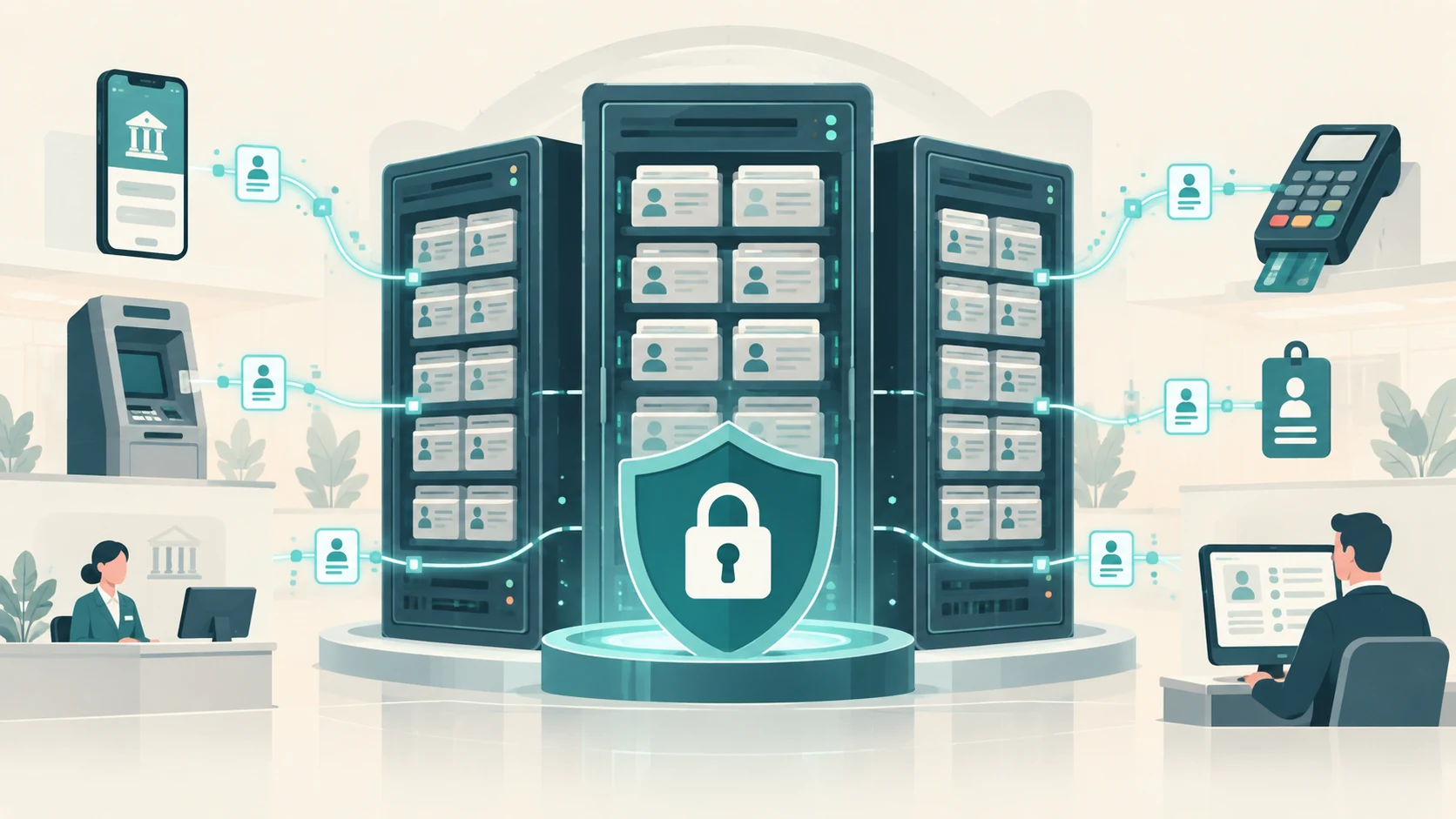 One bank customer ID linking separate systems for accounts, transactions, KYC documents, cards, loans and security logs
