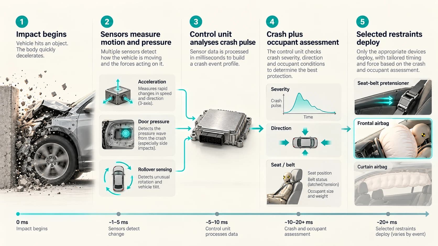 Airbag deployment process from crash sensing through crash-pulse analysis and occupant assessment to selected restraint activation