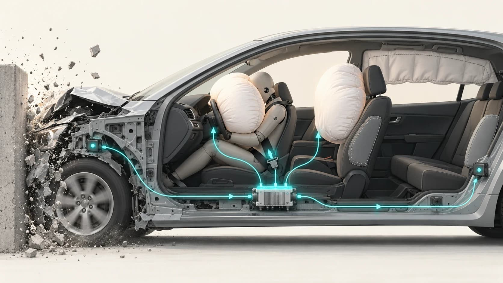 Car crash sensors sending acceleration and pressure data to an airbag control unit that selects which restraints to deploy