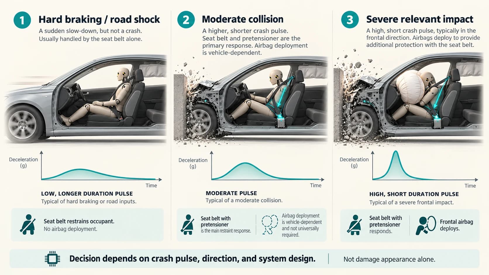 Comparison showing how braking, moderate impacts and severe crashes produce different crash signals and restraint responses