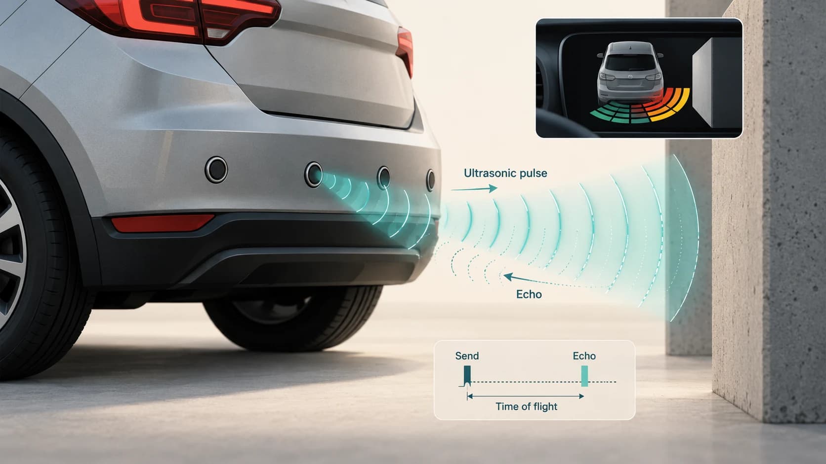 Ultrasonic parking sensor sending a sound pulse toward a wall and measuring the returning echo to calculate distance