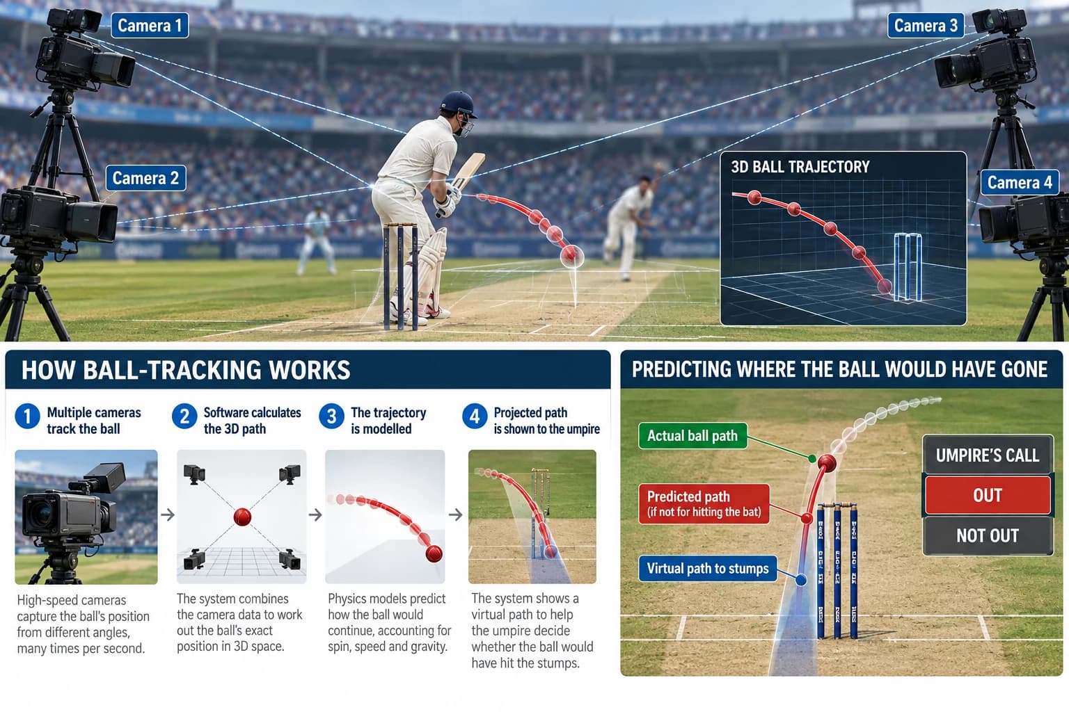 Multiple cricket cameras reconstructing a ball's measured path before software projects its trajectory from pad impact toward the stumps