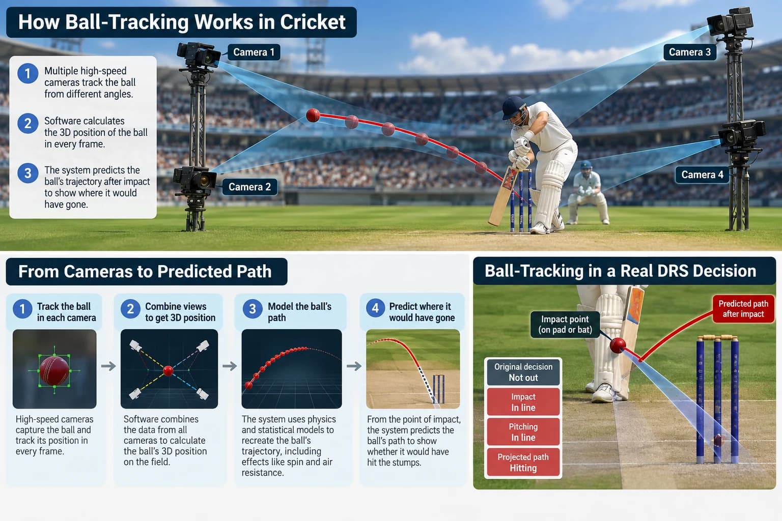 LBW ball-tracking diagram showing pitching, impact and wicket checks plus Hitting, Umpire's Call and Missing outcomes