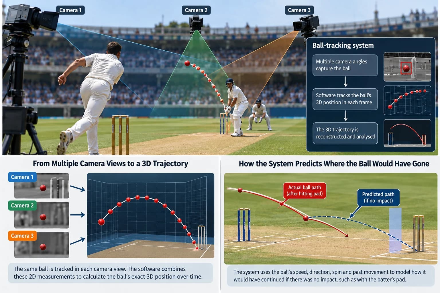 Cricket ball-tracking process from multiple camera views to 3D reconstruction, trajectory fitting and projection toward the wicket