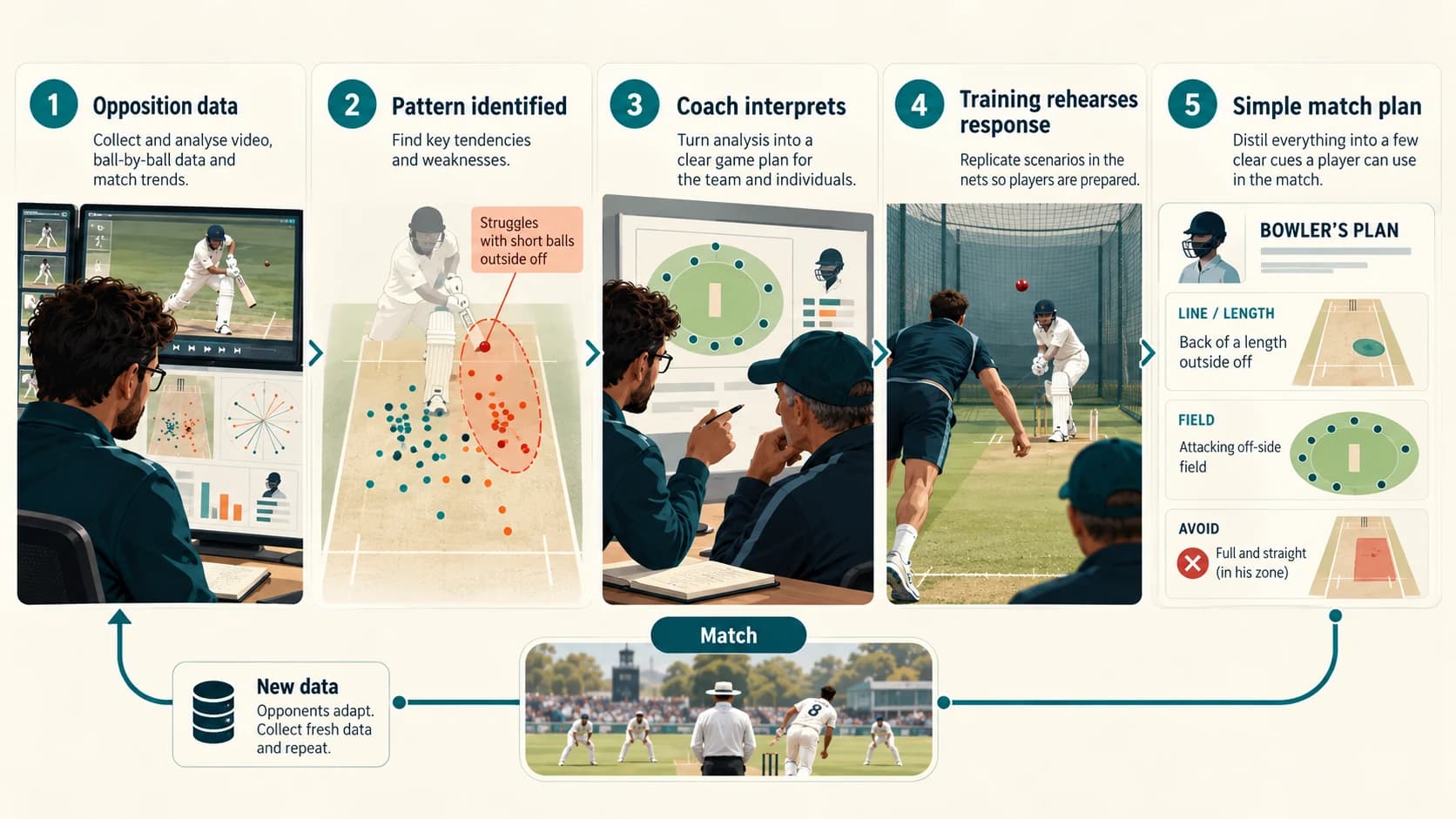 Cricket opposition-analysis workflow from data and pattern recognition through coaching, practice and a simple match plan