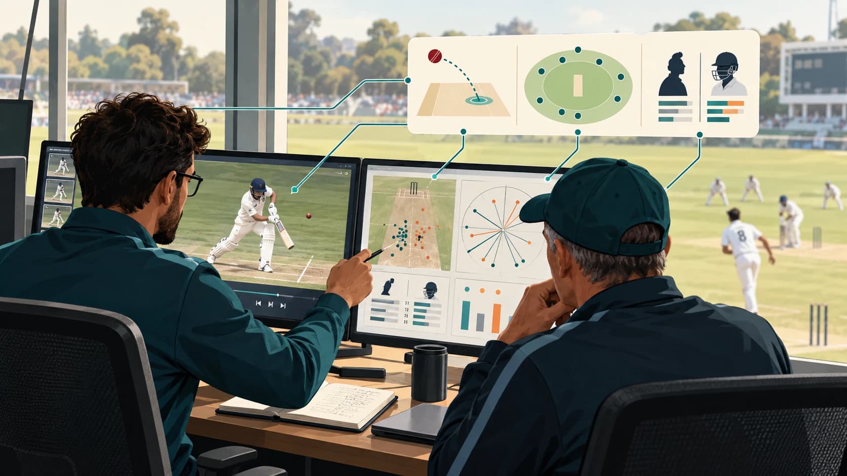 Cricket analyst and coach studying opponent video, pitch maps, scoring zones and matchup data before a match