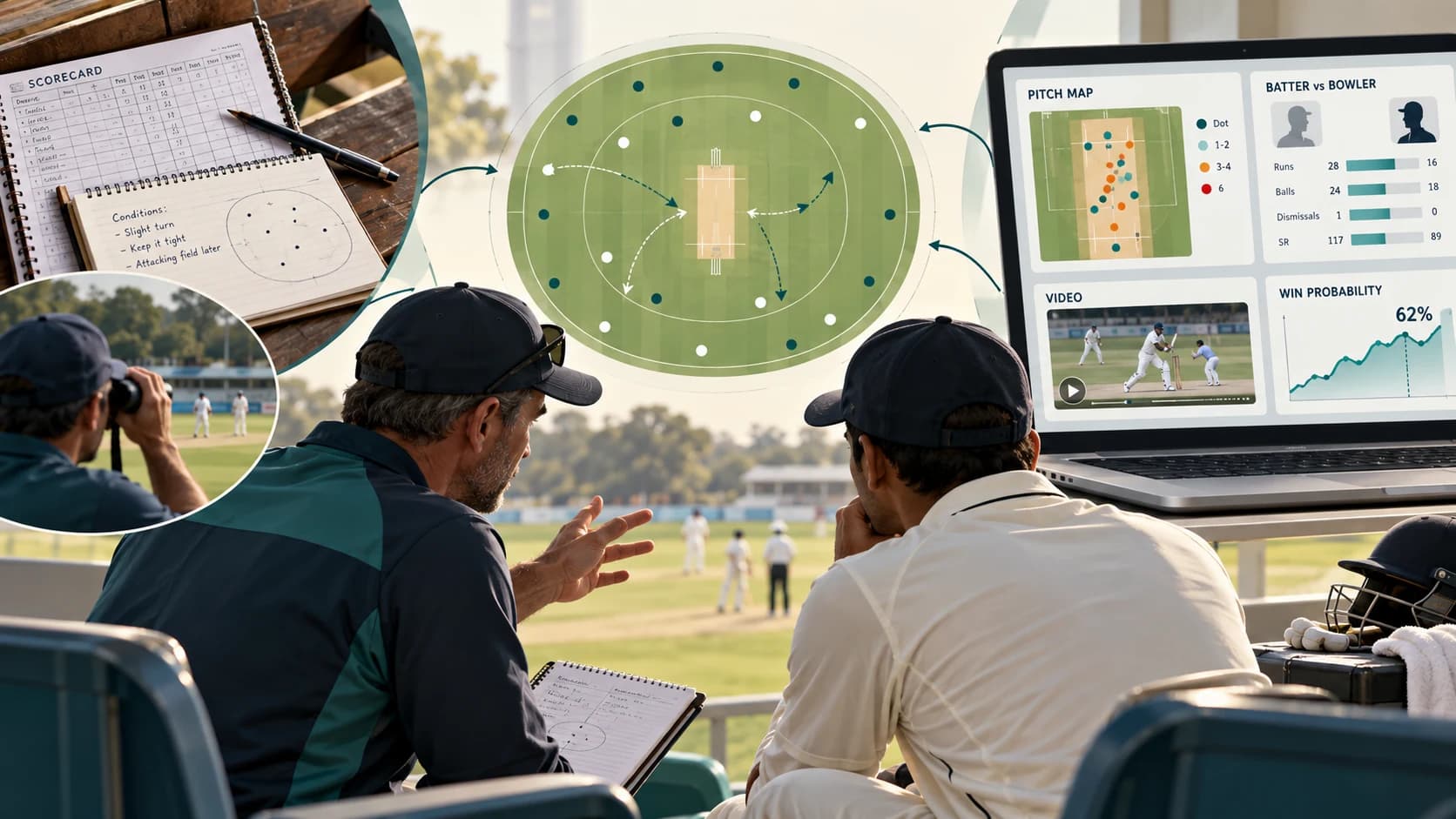 Cricket captain and coach combining traditional observation with modern pitch maps, video and matchup analytics to plan strategy