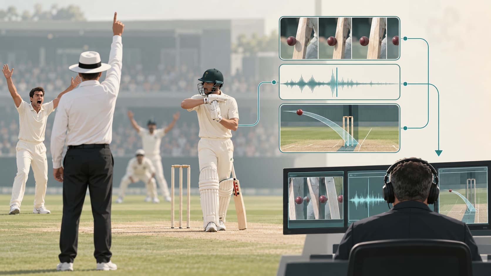 Cricket DRS review combining video replay, edge detection and ball tracking after an LBW appeal
