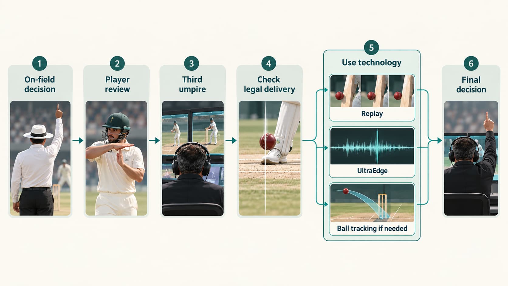 Cricket DRS process from on-field decision through player review and third-umpire technology checks