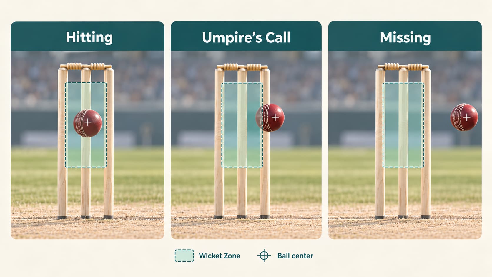 DRS ball-tracking comparison showing Hitting, Umpire's Call and Missing at the cricket stumps