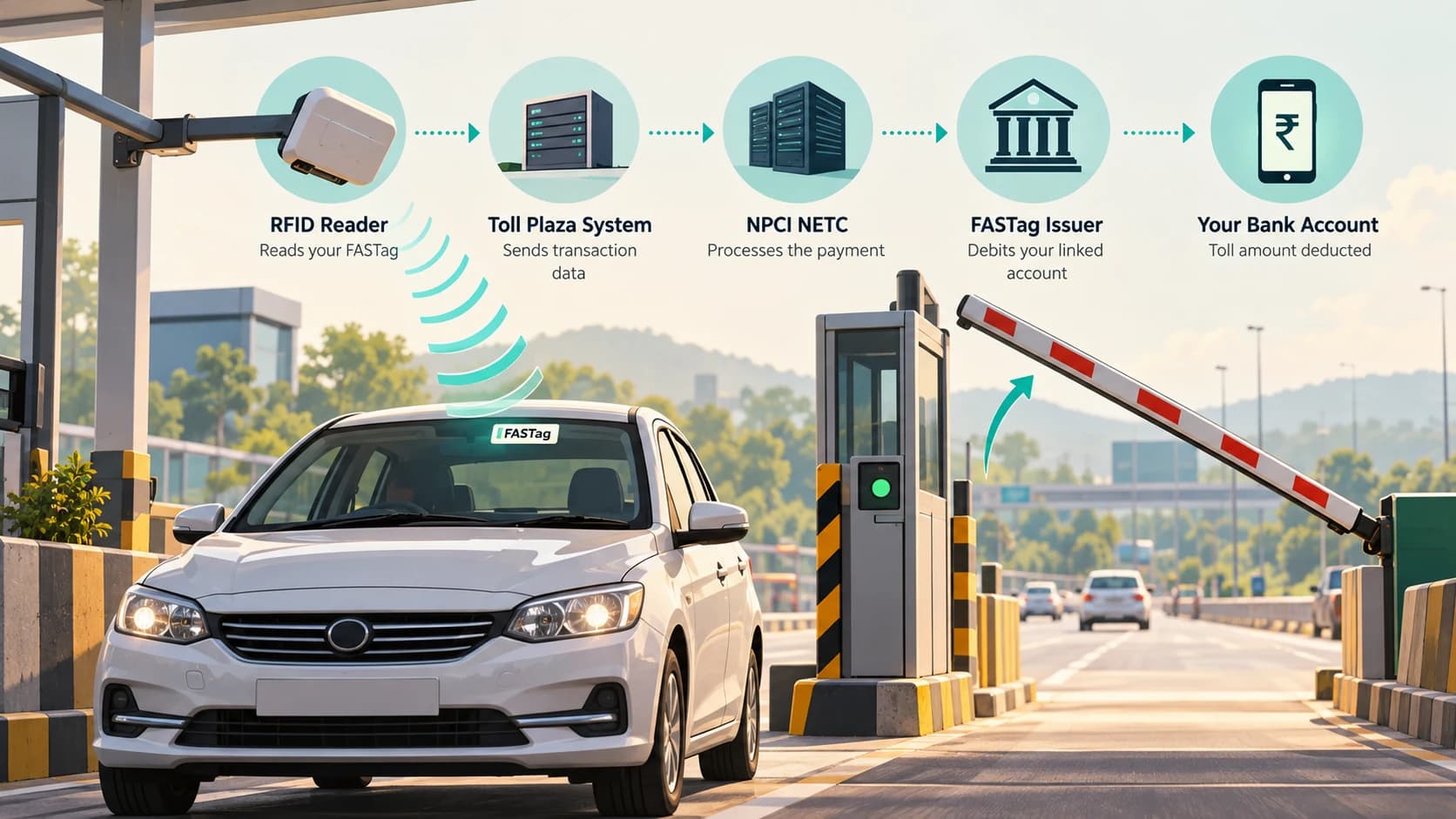 Car with FASTag being read wirelessly at a toll plaza while the transaction travels through NETC to the linked financial account